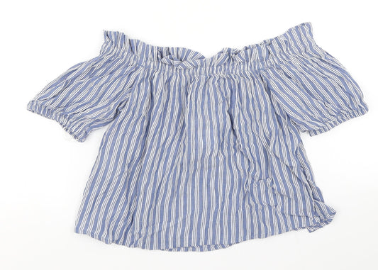 Bershka Womens Blue Striped  Cropped T-Shirt Size S