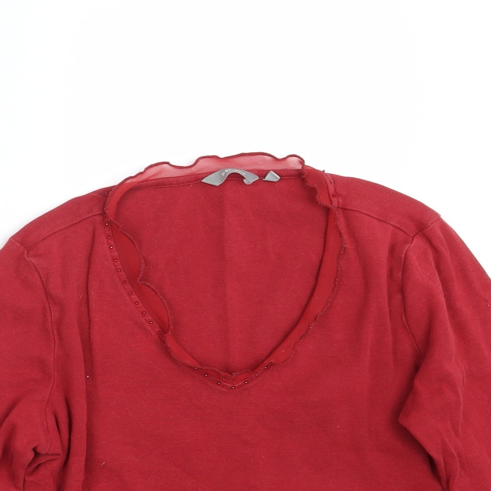 Close-up detail of Per Una women’s red pullover sweatshirt, size UK 12