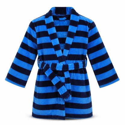 Front view of George boys’ blue striped robe, size 3-4, years