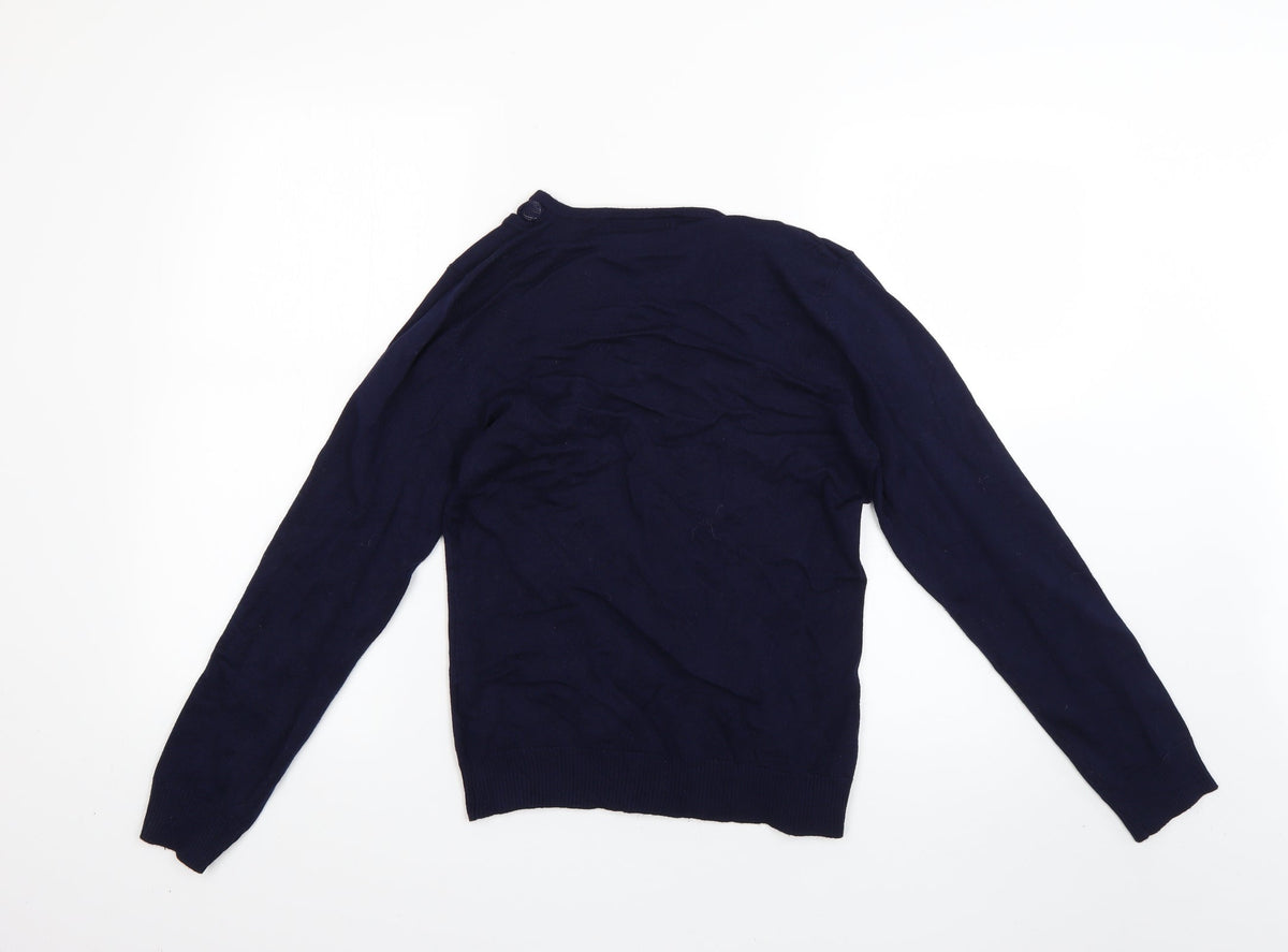 Back view of just elegant women’s blue jumper, size S