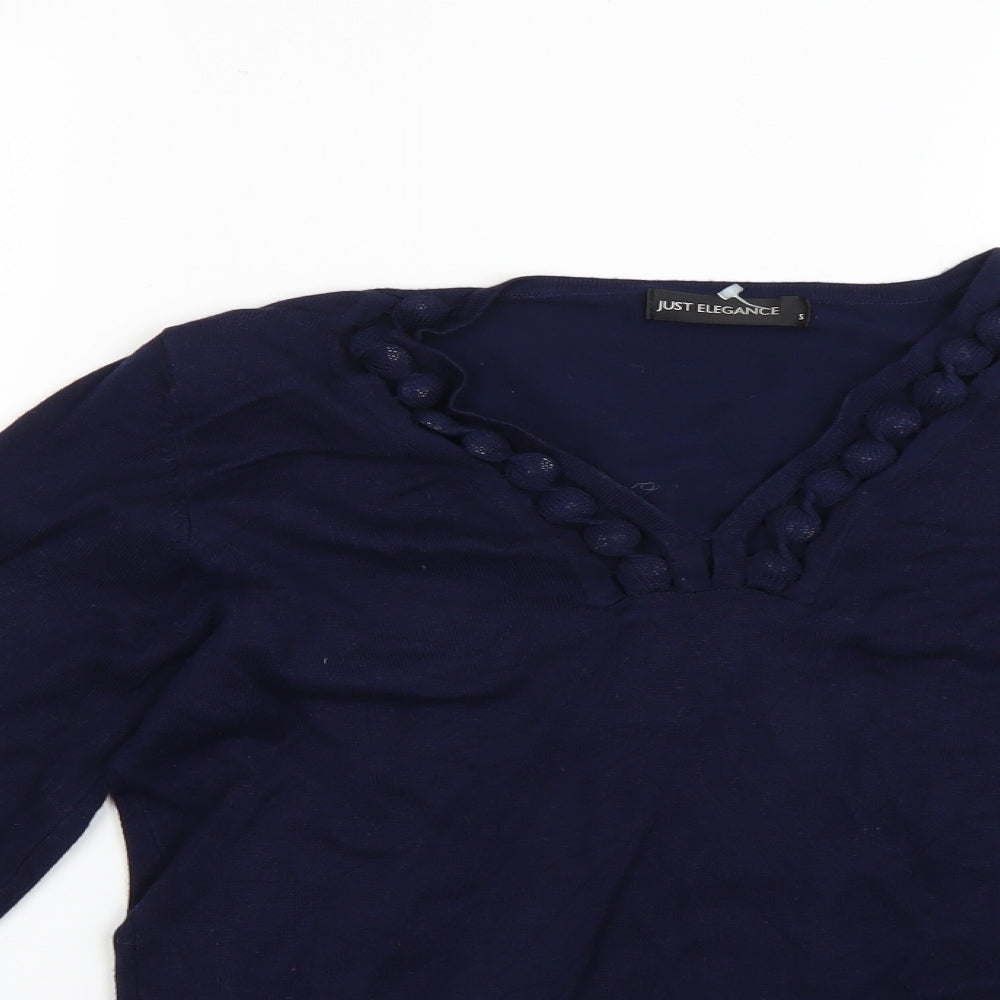 Close-up detail of just elegant women’s blue jumper, size S