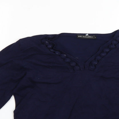 Close-up detail of just elegant women’s blue jumper, size S