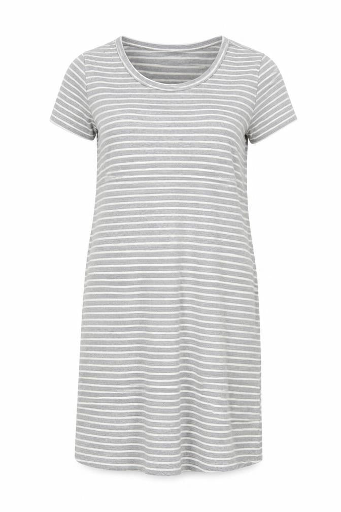 Front view of cool women’s grey striped t-shirt dress, size M