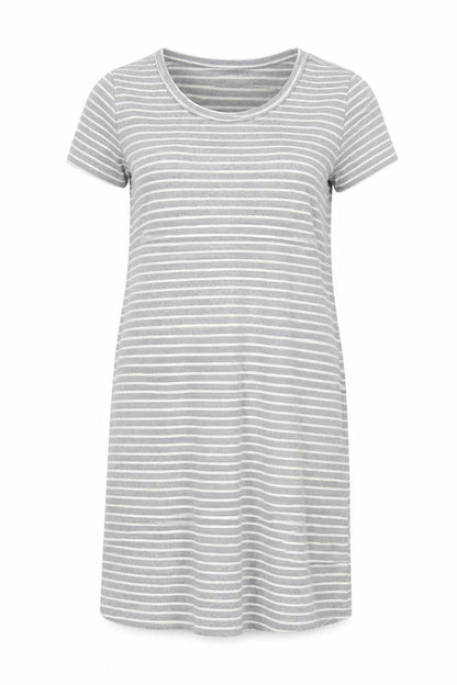 Front view of cool women’s grey striped t-shirt dress, size M