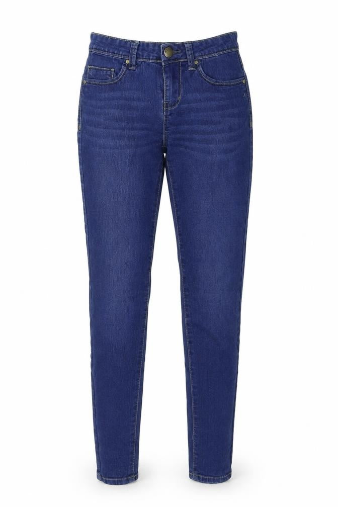 Front view of Denim & Co. women’s blue denim skinny jeans, size UK 4, 28-inch leg