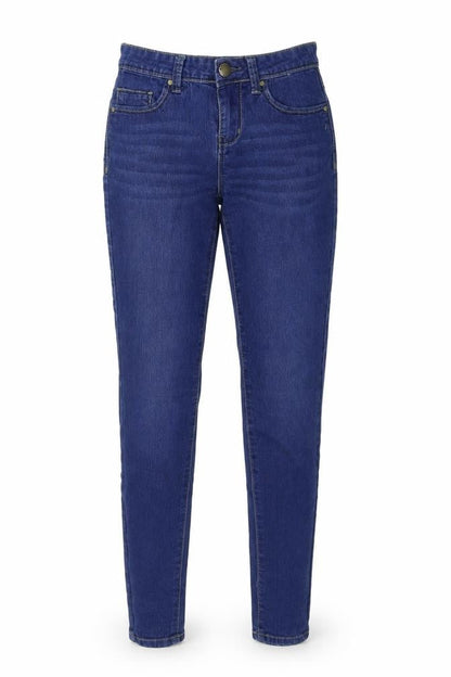 Front view of Denim & Co. women’s blue denim skinny jeans, size UK 4, 28-inch leg