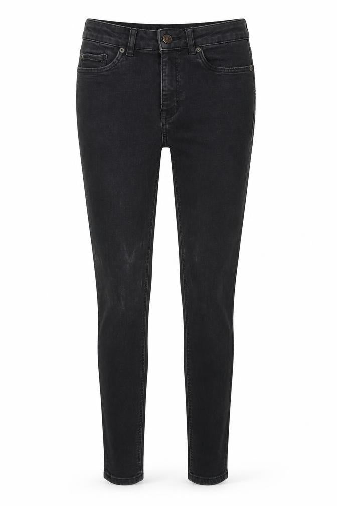 Front view of women’s black denim skinny jeans, size UK 28, in, 28-inch leg