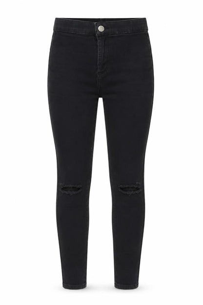 Front view of Topshop women’s black denim skinny jeans, size UK 26, in, 32-inch leg