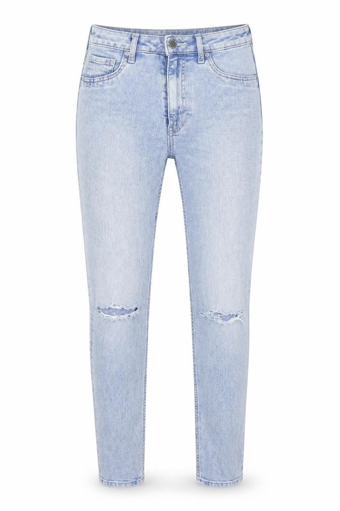 Front view of H&M women’s blue denim skinny jeans, size UK 8, 27-inch leg