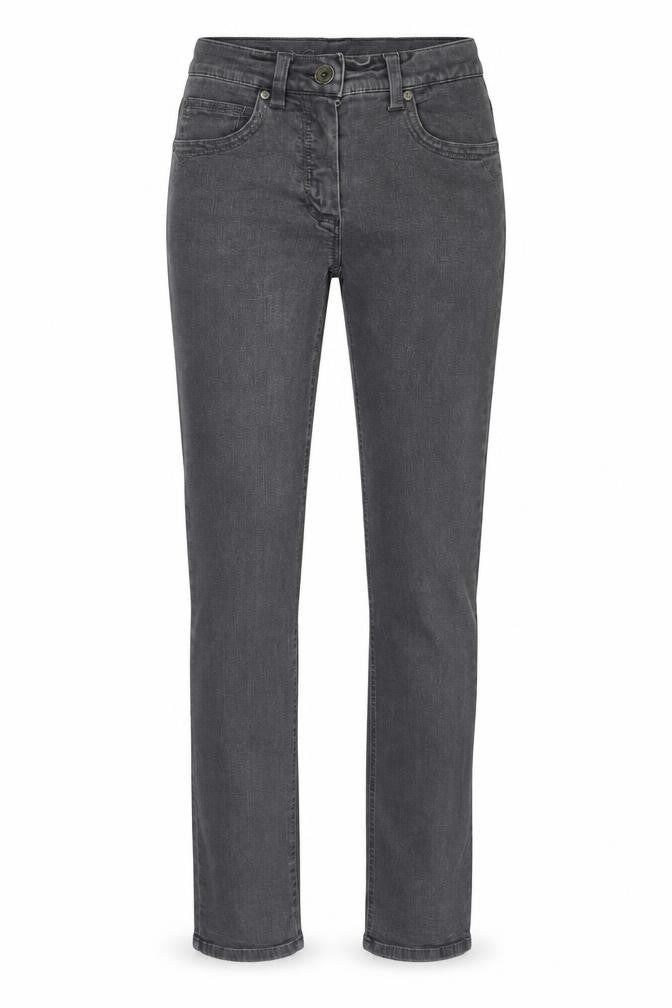 Front view of women’s grey denim skinny jeans, size UK 8, 30-inch leg