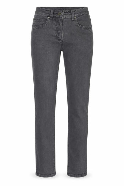 Front view of women’s grey denim skinny jeans, size UK 8, 30-inch leg