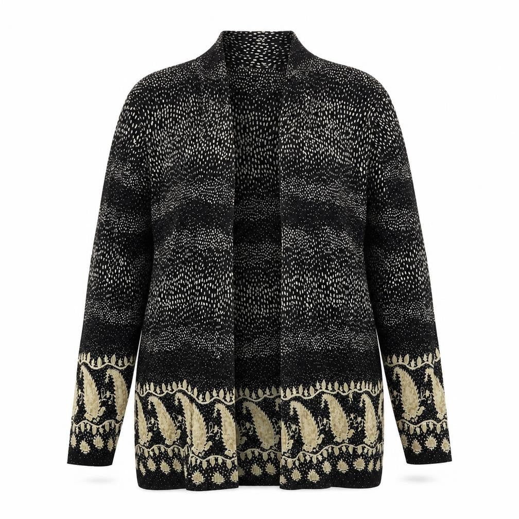 Front view of Berkertex women’s black geometric cardigan jumper, size UK 14, - pleated
