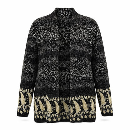 Front view of Berkertex women’s black geometric cardigan jumper, size UK 14, - pleated