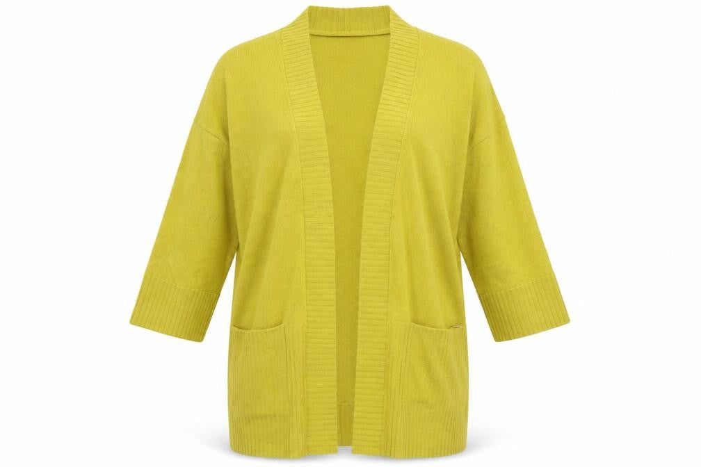 Front view of Country Casuals women’s yellow knit cardigan jumper, size S