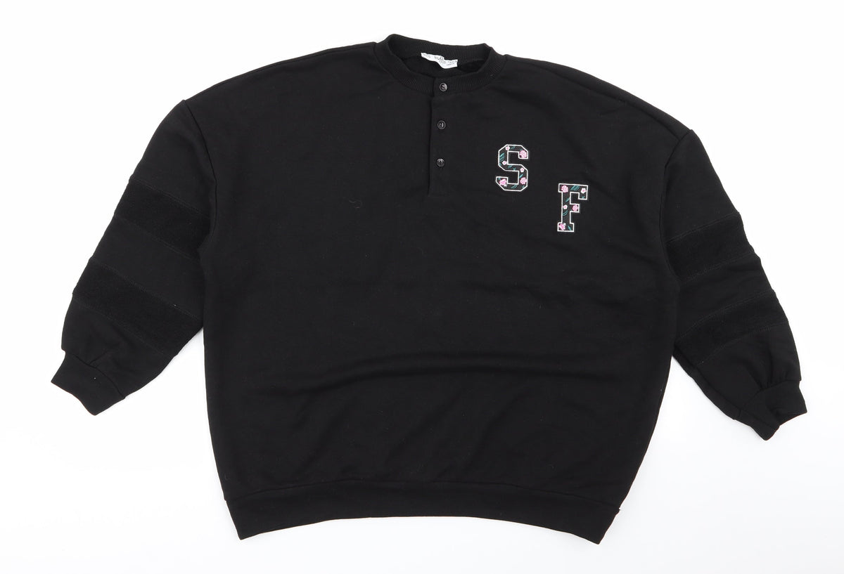 Additional front view of stuffle women’s black floral jumper, size UK 10