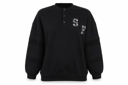 Front view of stuffle women’s black floral jumper, size UK 10