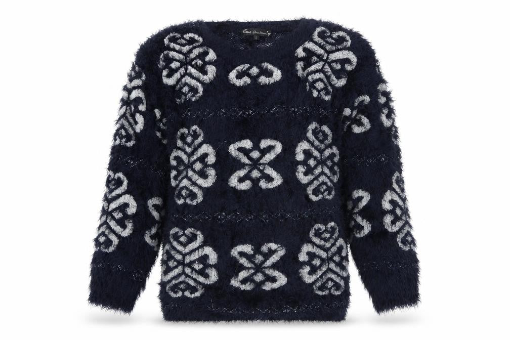 Front view of Kela loves london women’s blue floral jumper, size L