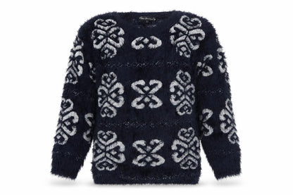 Front view of Kela loves london women’s blue floral jumper, size L
