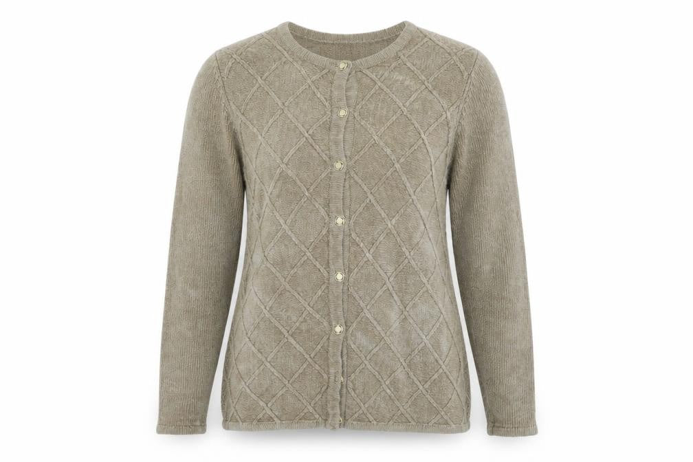 Front view of Bonmarché women’s beige cardigan jumper, size M