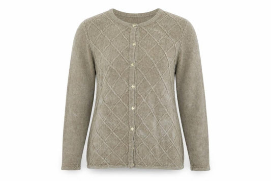 Front view of Bonmarché women’s beige cardigan jumper, size M