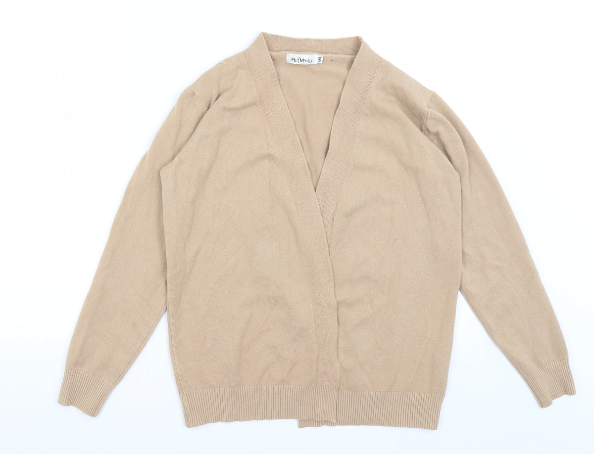 Front view of Flammodes women’s brown shrug jumper, size M