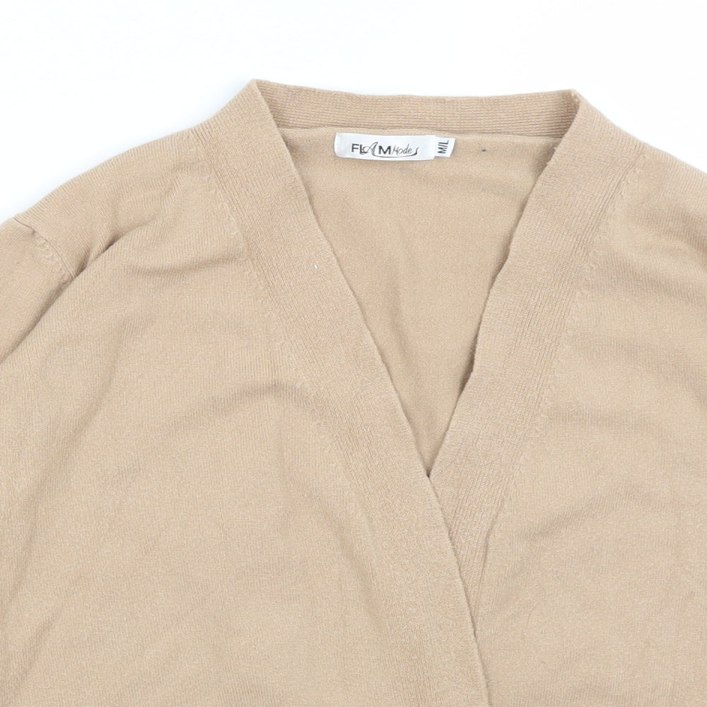 Close-up detail of Flammodes women’s brown shrug jumper, size M