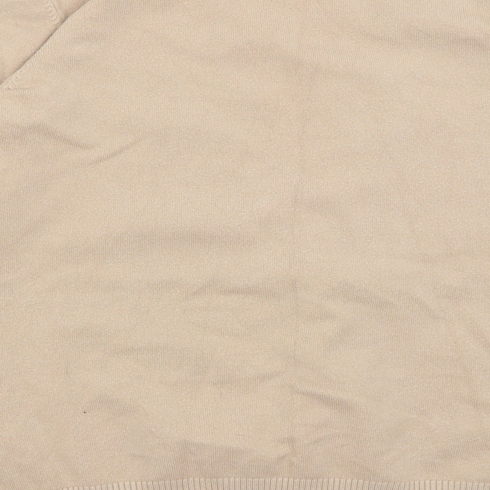 Brand and care label for Flammodes women’s brown shrug jumper, size M