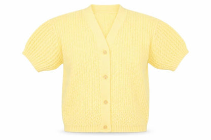 Front view of LK women’s yellow cardigan jumper, size S