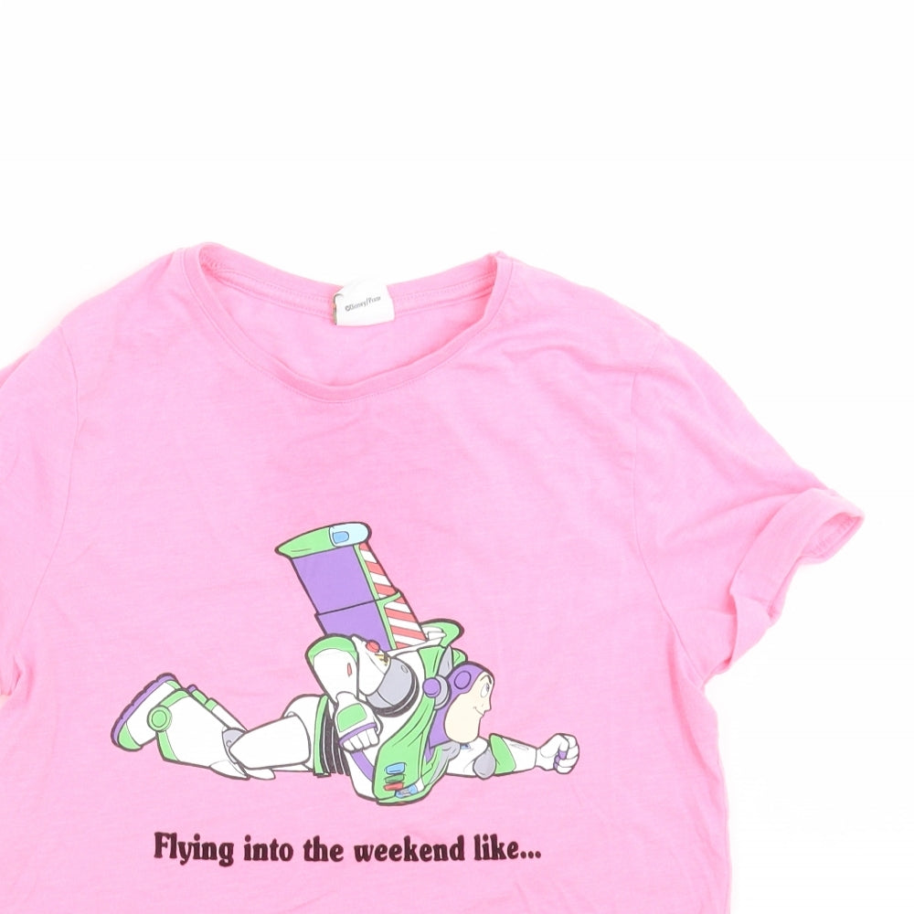Close-up detail of F&F girls’ pink basic t-shirt, size 10-11, years - buzz lightyear