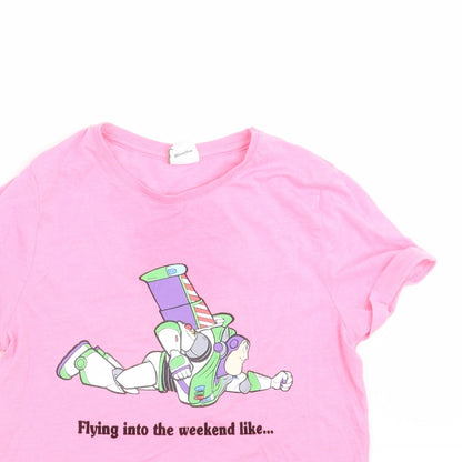 Close-up detail of F&F girls’ pink basic t-shirt, size 10-11, years - buzz lightyear