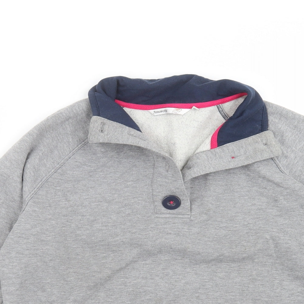 Close-up detail of Amoretti women’s grey pullover sweatshirt, size M