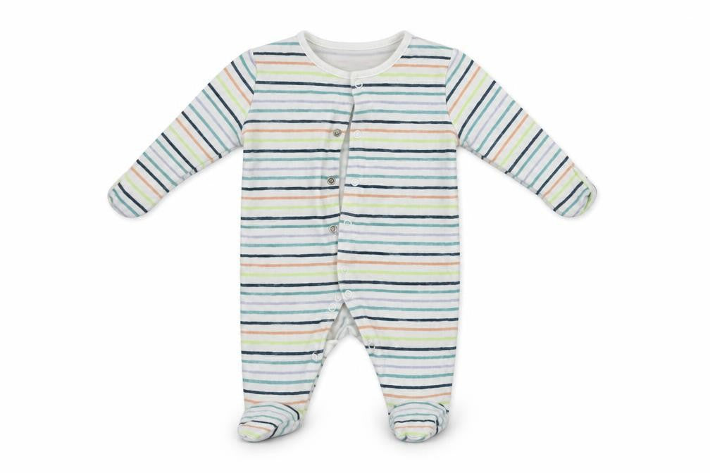 Front view of Tu boys’ white striped babygrow one-piece, size 0-3, months