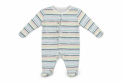 Front view of Tu boys’ white striped babygrow one-piece, size 0-3, months