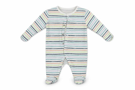 Front view of Tu boys’ white striped babygrow one-piece, size 0-3, months