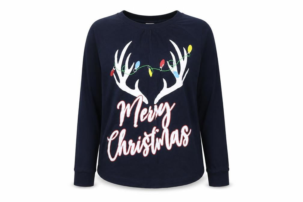 Front view of B&M women’s blue solid top pyjama top, size UK 12, - christams
