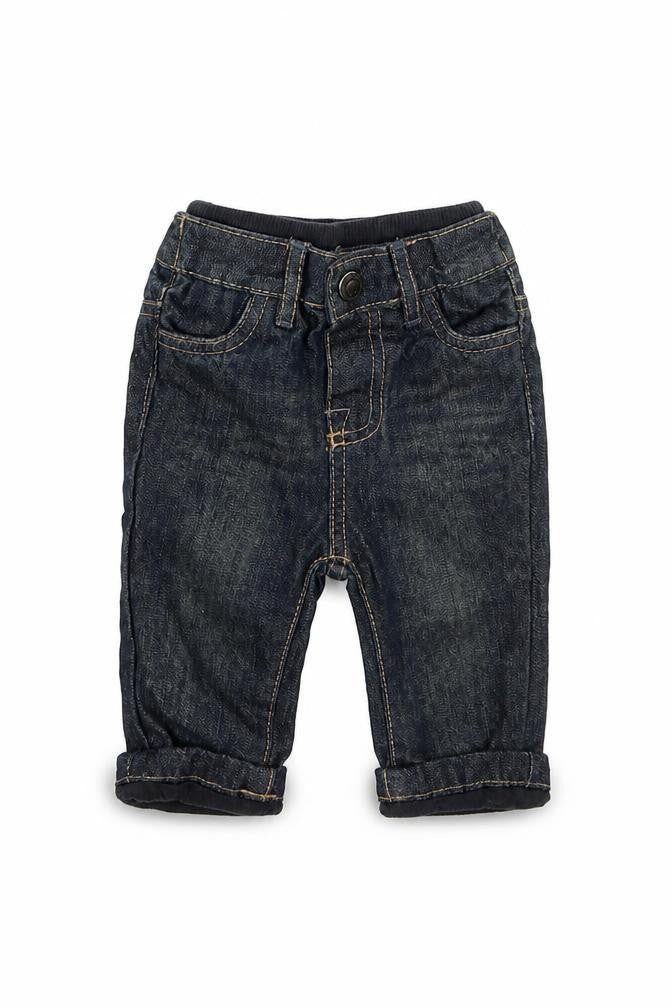 Front view of Early Days boys’ blue cargo jeans, size 3-6, months