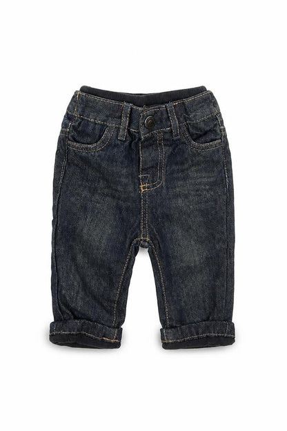 Front view of Early Days boys’ blue cargo jeans, size 3-6, months