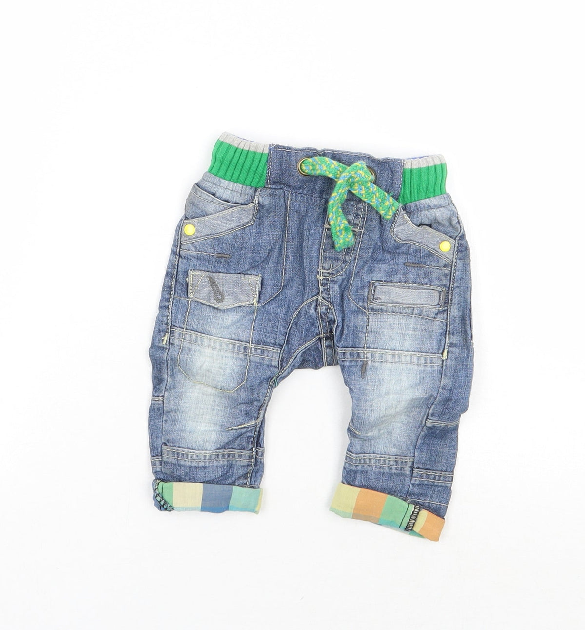 Front view of Next boys’ blue cargo jeans, size 3-6, months