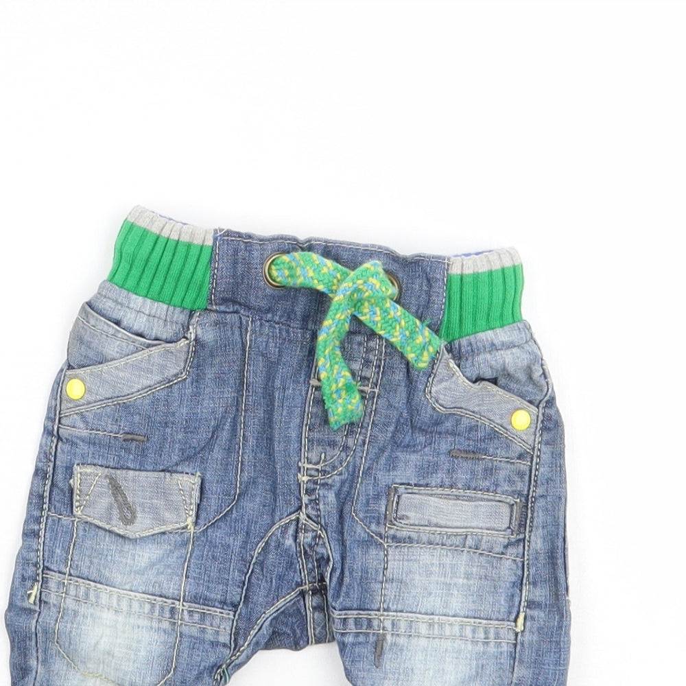 Close-up detail of Next boys’ blue cargo jeans, size 3-6, months