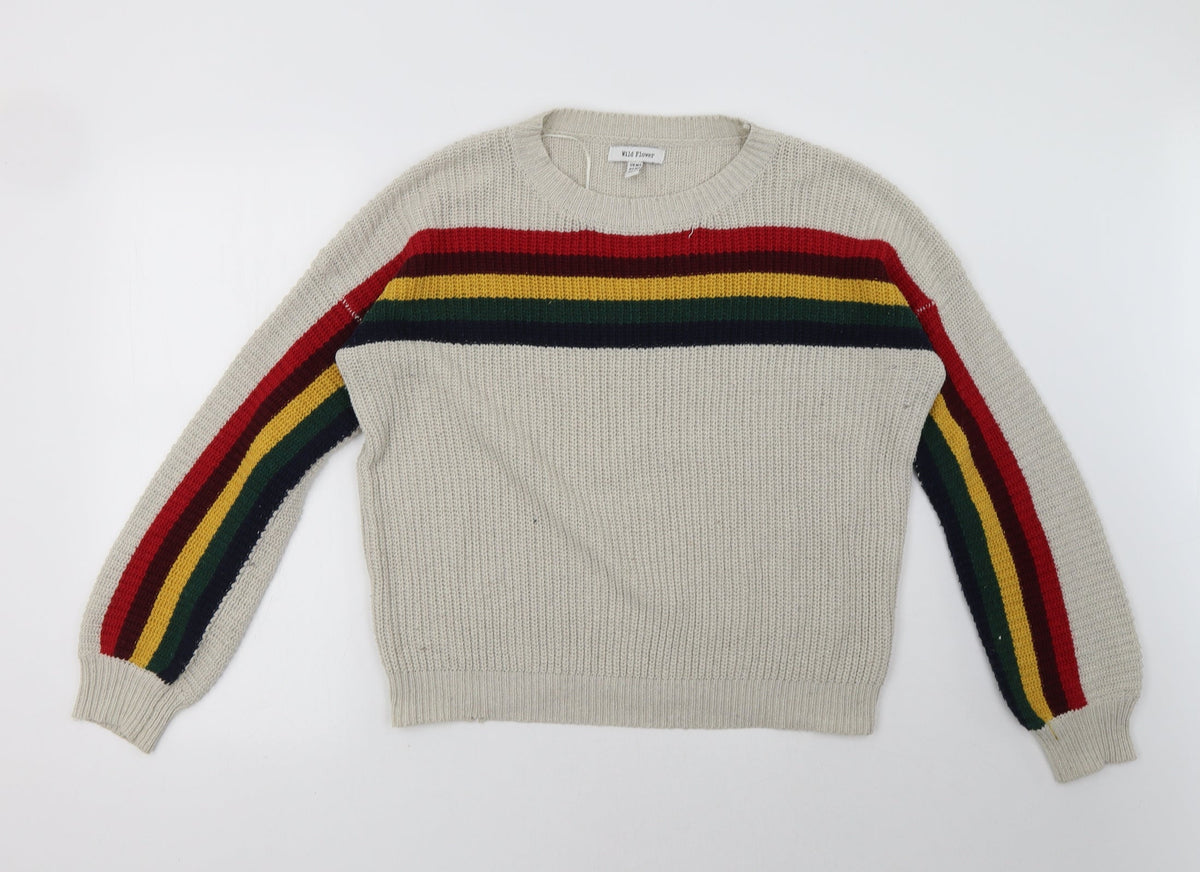 Front view of wild flower women’s beige striped pullover sweatshirt, size L