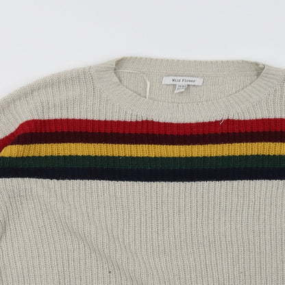 Close-up detail of wild flower women’s beige striped pullover sweatshirt, size L