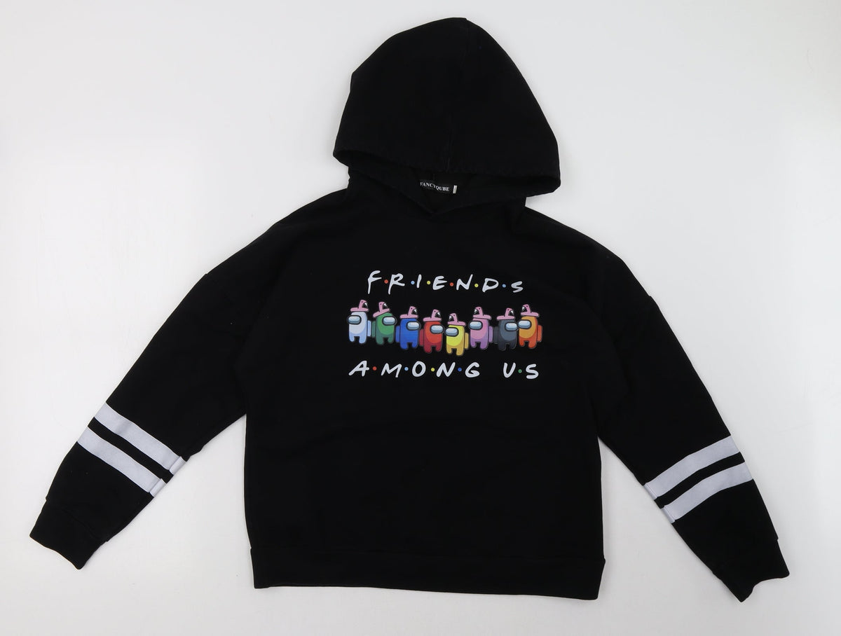 Additional front view of Fancyqube women’s black pullover hoodie, size S, - friends