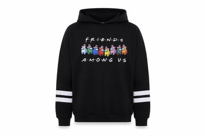 Front view of Fancyqube women’s black pullover hoodie, size S, - friends