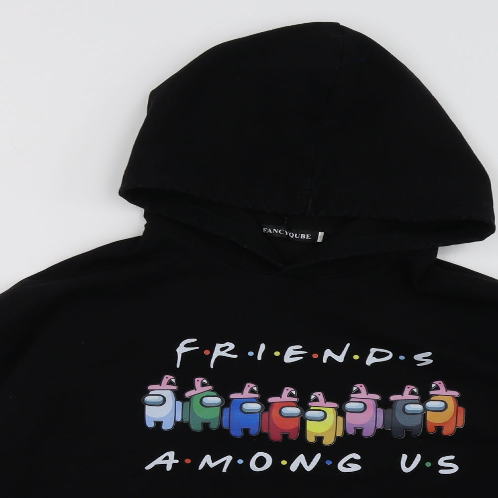 Close-up detail of Fancyqube women’s black pullover hoodie, size S, - friends