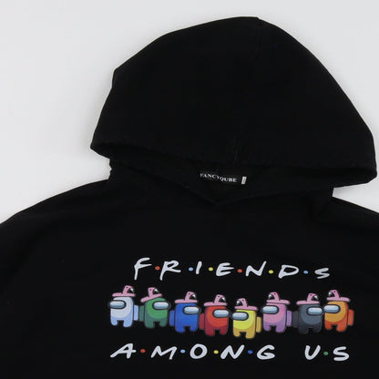 Close-up detail of Fancyqube women’s black pullover hoodie, size S, - friends