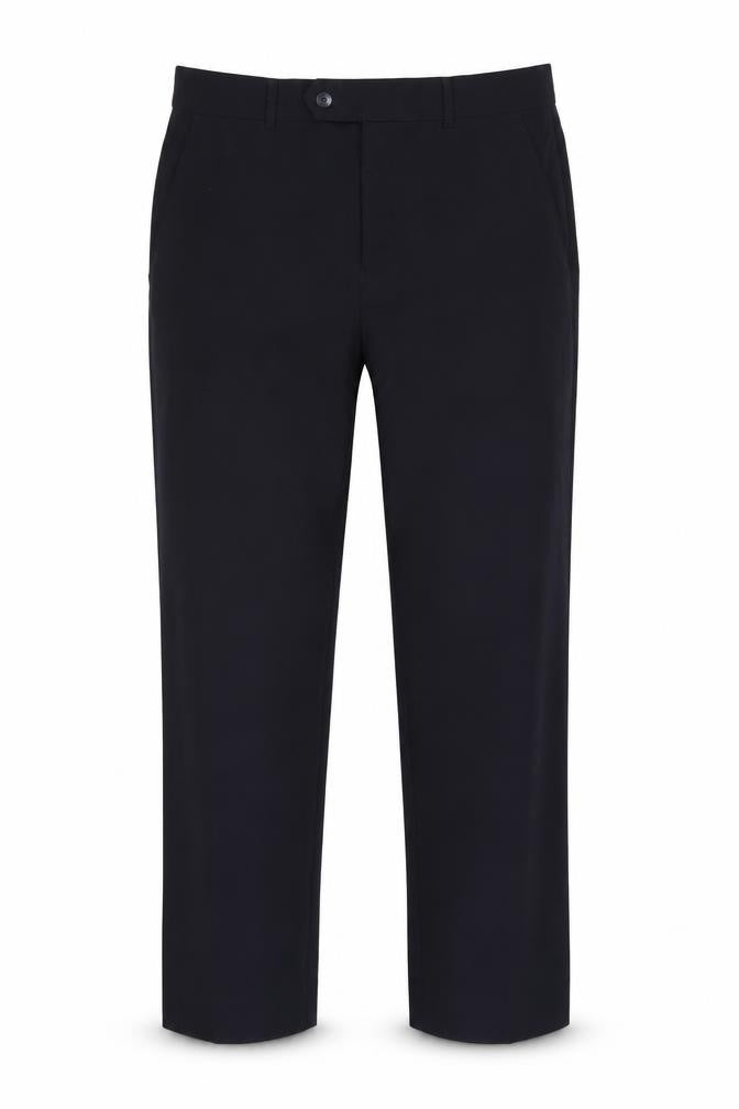 Front view of Dunnes men’s blue trousers, size 32, in, 28-inch leg