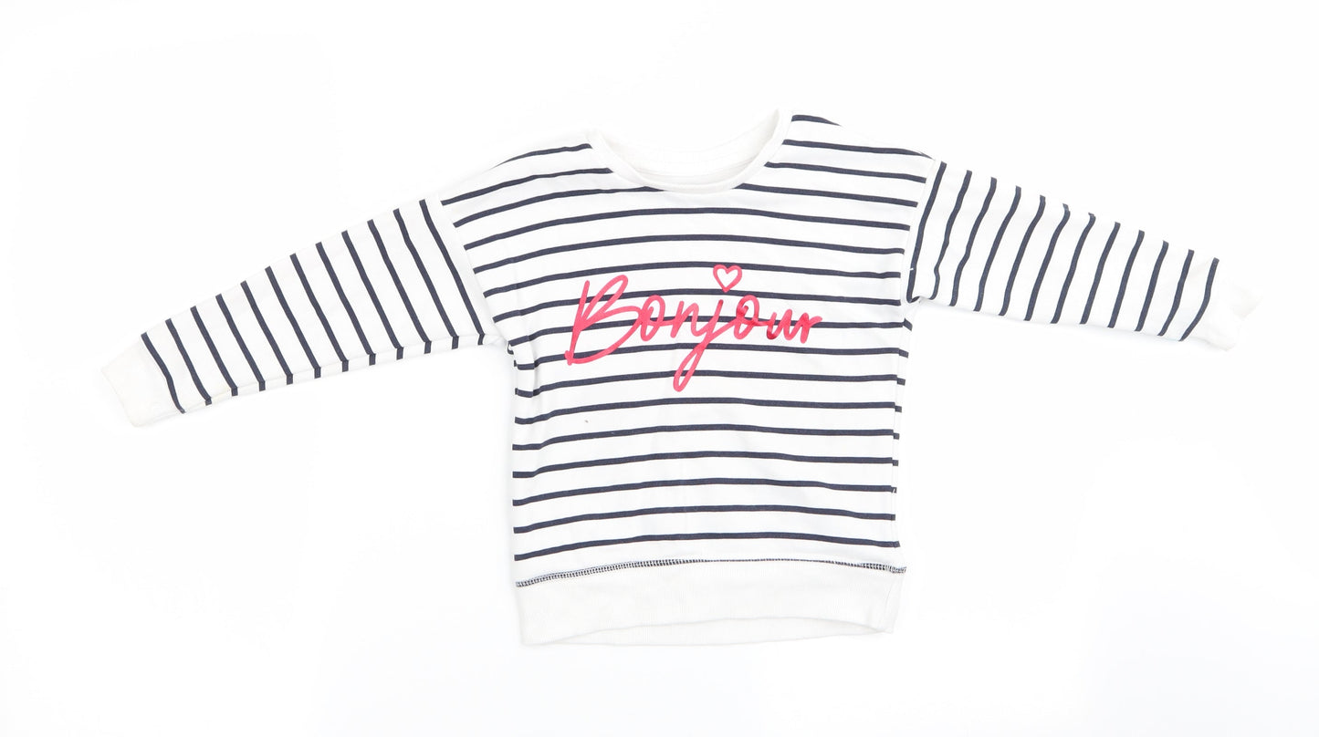 Primark Girls Blue Striped  Pullover Sweatshirt Size 3-4 Years  - Blue & White Stripe and Bonjour in red