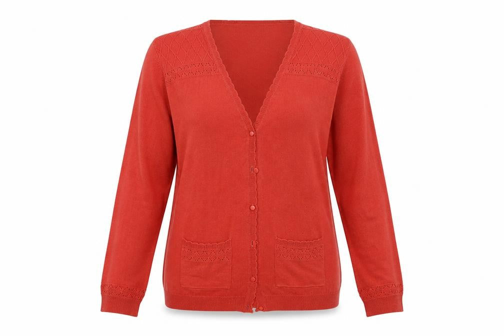 Front view of Isle women’s pink cardigan jumper, size L