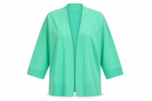 Front view of Hepburn women’s green cardigan jumper, size S