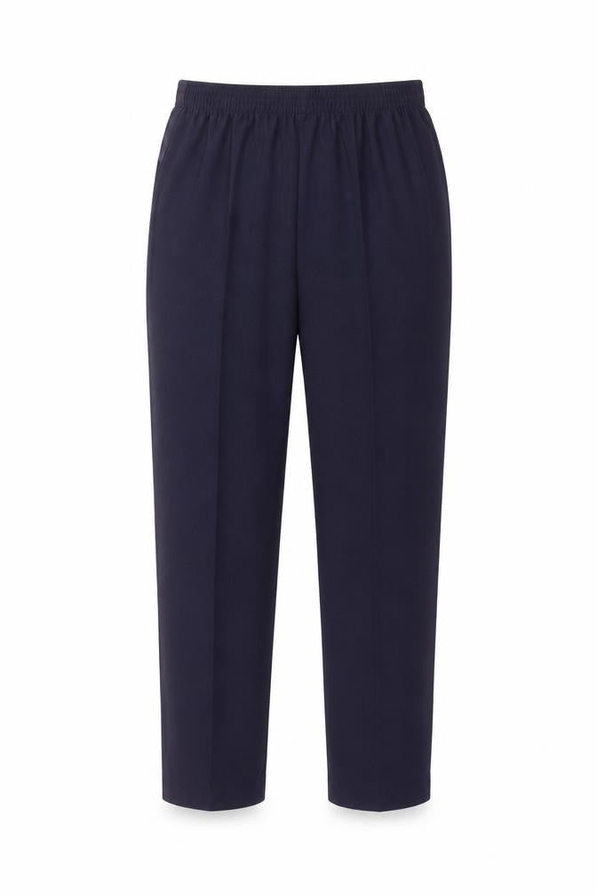 Front view of Emma Collection women’s blue trousers, size UK 10, 25-inch leg